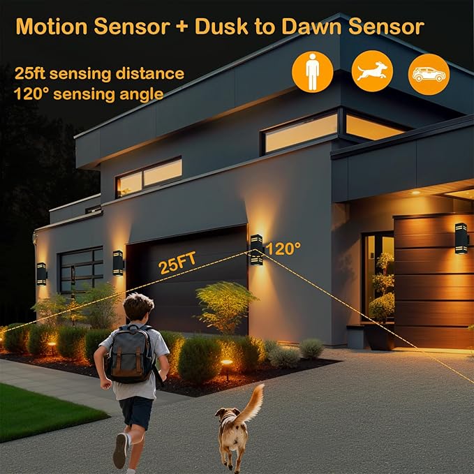 iYogaled Motion Sensor Outdoor Light with 25ft Detection Range, 3 Lighting Modes Dusk to Dawn Porch Light, Waterproof Wall Sconce for Large Yard, Patio, Garage, Front Door, ETL Listed