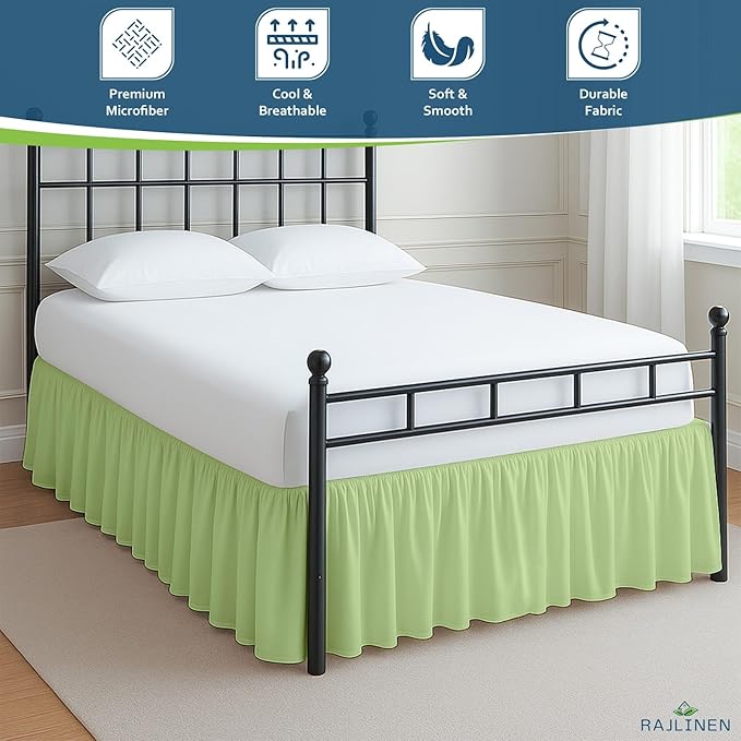 Rajlinen Ruffled Bed Skirt King, 10 Inch Drop Dust Ruffle with Split Corners, 100% Microfiber Bedskirt with Platform, Three-Sided Coverage Ruffled Gathering Design, Sage