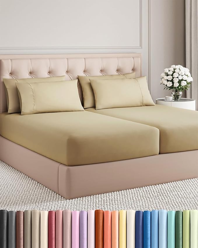 Split King 7 Piece Sheet Set - Cooling & Breathable - Hotel Luxury Bedding - Includes Fitted Sheets for Women, Men, Kids and Teens - 1 Flat, 2 Fitted Sheets, 4 Pillowcases with Deep Pockets - Beige