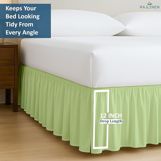 Rajlinen Ruffled Bed Skirt Full, 12 Inch Drop Dust Ruffle with Split Corners, 100% Microfiber Bedskirt with Platform, Three-Sided Coverage Ruffled Gathering Design, Sage