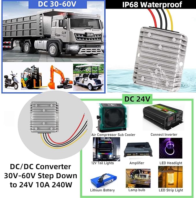 Golf Cart Accessories 10A 240W DC-DC 36V 48V Step Down to 24V Converter Golf Cart Voltage Reducer Regulator Waterproof Transformer with Fuse