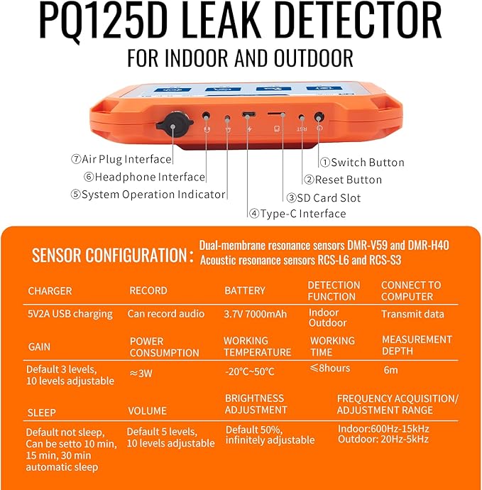 PQWT Underground Water Leak Detectors for Home and Outdoor PQ125D Wall Pipe Water Leakage Detection with Touchscreen Earphone and Carrying Case Multi Sensor Acoustic Pipeline Sound Intensifier