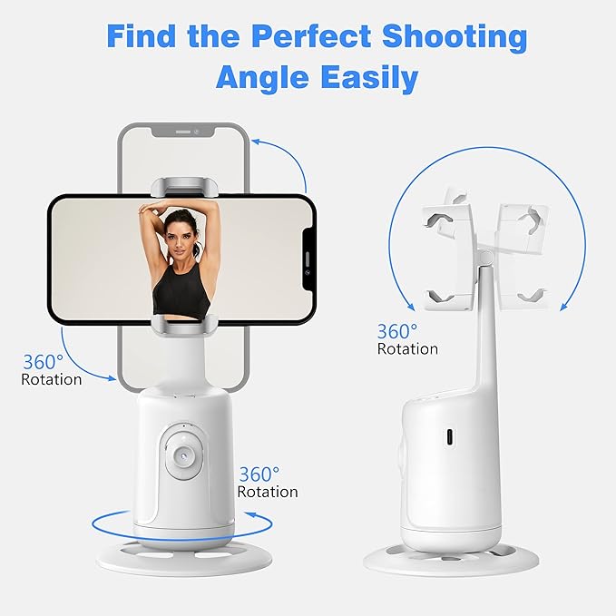 Auto Face Tracking Tripod, 360° Rotation Face Body Phone Camera Mount Smart Shooting Phone Tracking Holder with Remote,No App, Gesture Control,Smart Shooting Holder for Vlog, Streaming,Tiktok-White