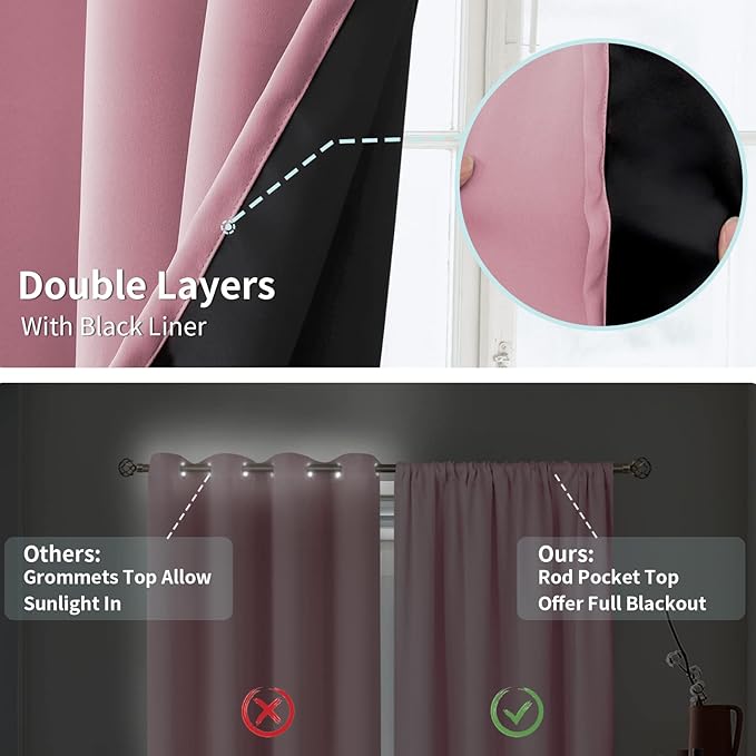 BGment 100% Blackout Curtains for Bedroom 72 Inch Long, Full Room Darkening Soundproof Heavy Thermal Insulated Bedroom Window Drapes with Rod Pocket, 2 Panels, 42 x 72 Inch, Pink