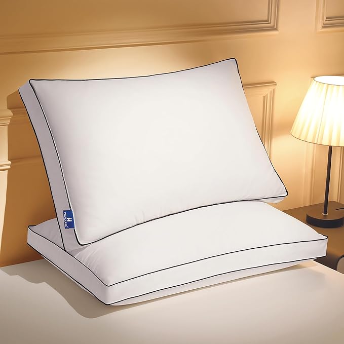 Feather Down Pillows Standard Size Set of 2 with Gusset, Luxury Hotel Collection Bed Pillow 2 Pack, Down Surrounded Gusseted Pillows for Sleeping, Fluffy for Side, Back Sleepers 20x24+2 in.
