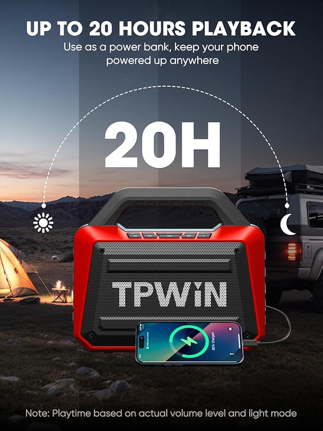 TPWIN Portable Bluetooth Speakers - Wireless Speaker 80W Peak, Loud Speaker with Light, Strong Bass, BT 5.3, TWS, IPX6 Waterproof, 20H Playtime for Home Party Outdoor Beach Camping - Red