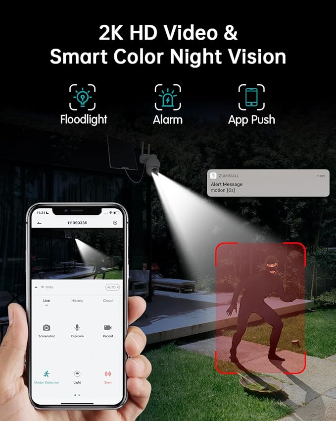 ZUMIMALL 4G LTE Cellular Security Camera, No WiFi Outdoor Camera Wireless, Solar Powered Off Grid Cameras, 360° Live View, 2K Color Night Vision, PIR Motion Sensor, 2 Way Talk, Built in SIM Card
