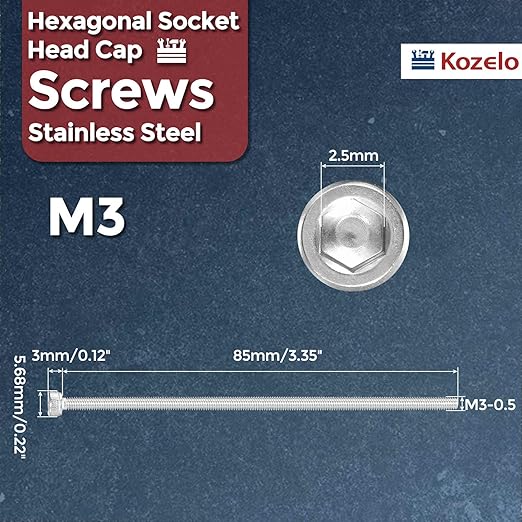 Kozelo 6pcs Socket Head Cap Screws - [M3-0.5 x 85mm] 304 Stainless Steel Allen Socket Drive for Electrical Motor 3D Printing Fan Engine Replacement Use, Silver