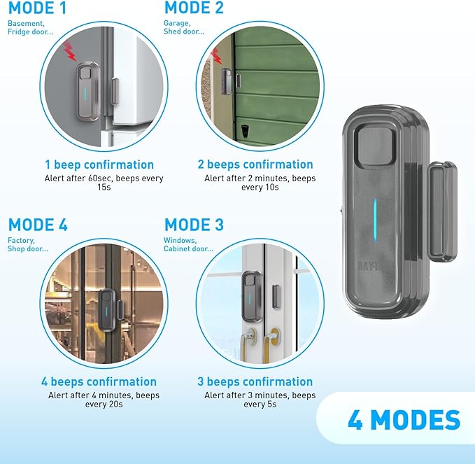 Daytech Refrigerator & Freezer Door Alarm - Adjustable 1-4 Minute Delay, 0-120dB Adjustable Siren, Door/Window Sensor for Home or Business (5 Pack, Gray)