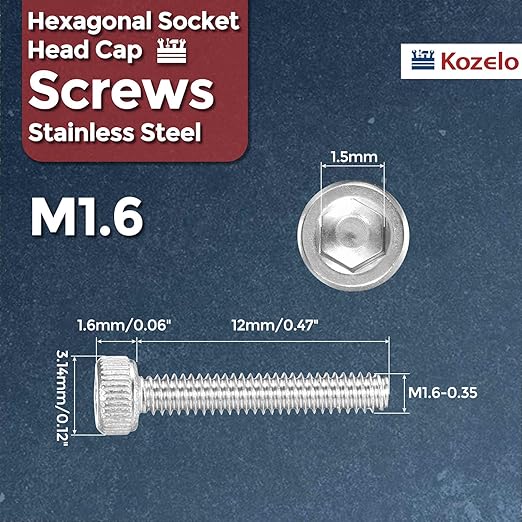 Kozelo 60pcs Socket Head Cap Screws - [M1.6-0.35 x 12mm] 304 Stainless Steel Allen Socket Drive for Electrical Motor 3D Printing Fan Engine Replacement Use, Silver