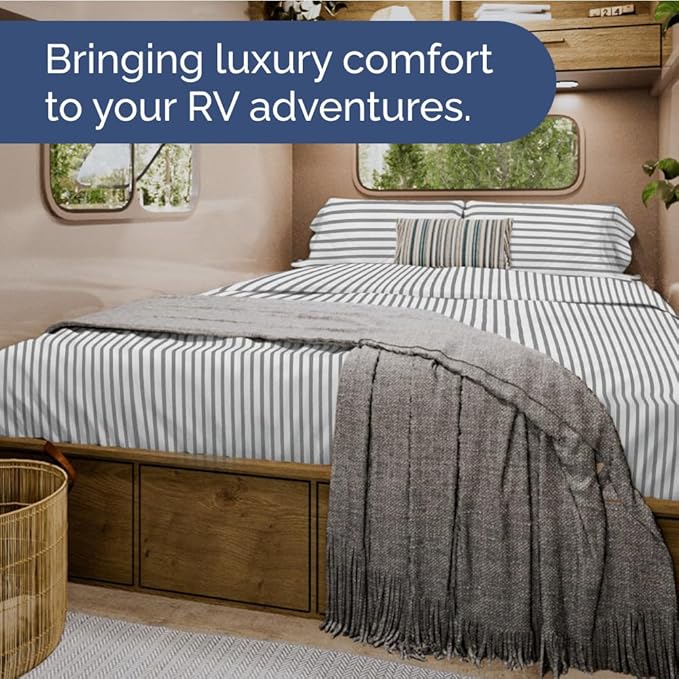 RV Short Queen Sheet Set 60 X 75 - 4 Piece RV Short Queen Bed Sheets - Soft, Breathable & Cooling - Designed for Bunks, Trailers & Campers - Fits 8” to 12" Mattress - Luxury Bedding - Grey Stripes 2