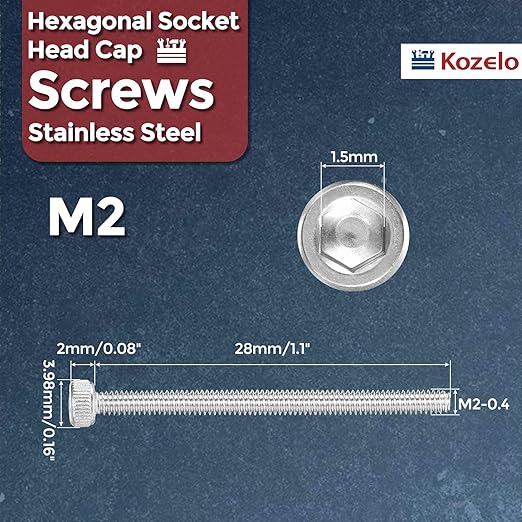 Kozelo 30pcs Socket Head Cap Screws - [M2-0.4 x 28mm] 304 Stainless Steel Allen Socket Drive for Electrical Motor 3D Printing Fan Engine Replacement Use, Silver