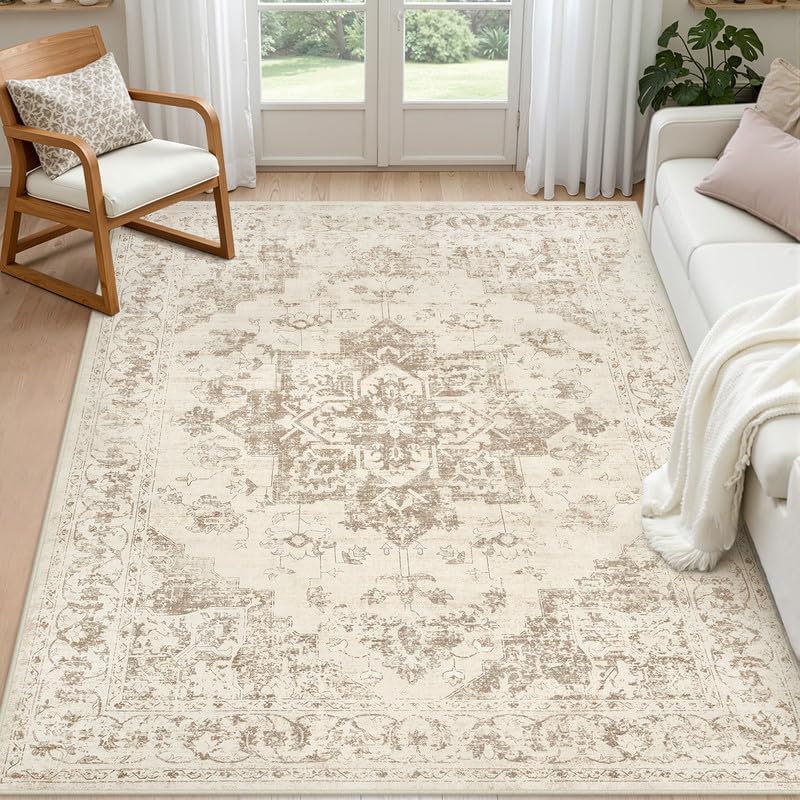 3x5 Area Rugs Living Room: Bedroom Washable Carpet Beige/Ivory by Luxturiy