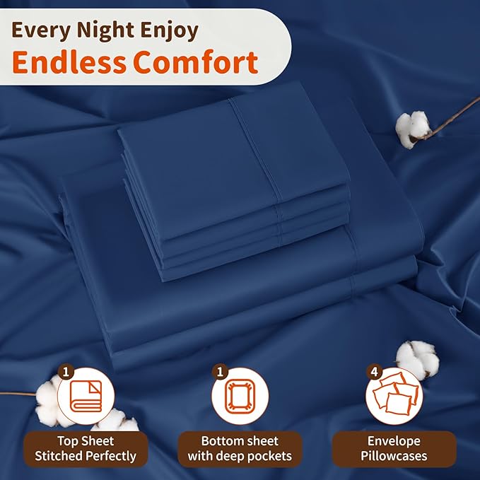 LBRO2M 1000 Thread Count 100% Egyptian Cotton Sheets Set 6 Piece Sets California King Bed Sheet Deep Pocket Sheet Set 16" Soft Comfortable All Season (California King, Navy Blue)