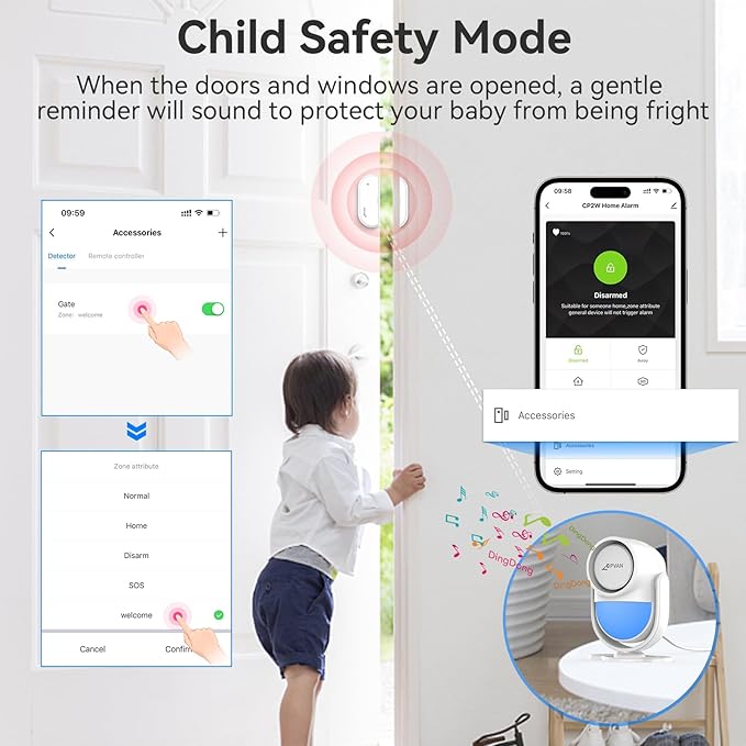 CPVAN WiFi Motion Sensor Alarm, 125dB Wireless DIY Smart PIR Motion Detector with 4 Door/Window Sensors for Home Security System - On Spot Alarm & APP Alert, White