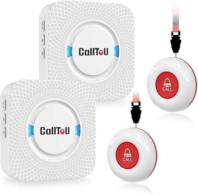 CallToU Wireless Caregiver Pager Smart Call System 2 SOS Call Buttons/Transmitters 2 Receivers Nurse Calling Alert Patient Help System for Home/Personal Attention Pager 500+Feet Plugin Receiver