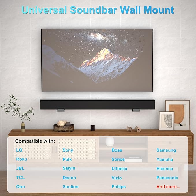ZUOLACO Soundbar Wall Mount Bracket for Samsung, Bose, Vizio, LG, Sony, JBL, Sonos and More Sound Bar Mounts Under TV, Hold up to 33 lbs, Depth Adjustable 3.6”-6.4”, Soundbar Shelf, Black