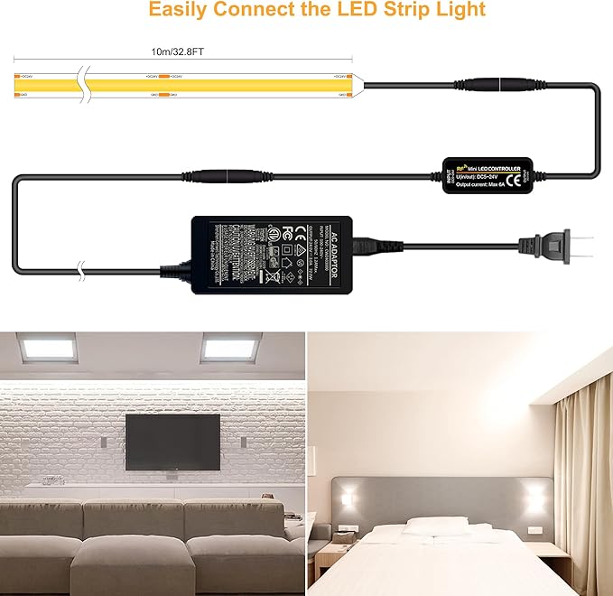 Pandery COB LED Strip 32.8ft,Dimmable Strip Lights, 6000K Daylight Super Bright LED Strip Lights, DC24V CRI90+,LED Tape Light with UL-Listed Power Supply, Indoor for Closet,Bedroom,Kitchen