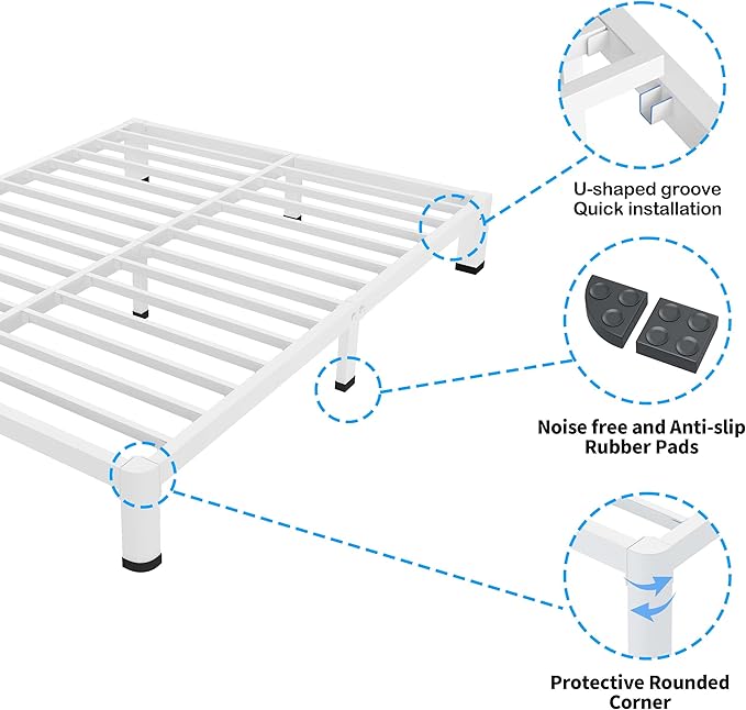 ROIL 10 Inch White Queen Bed Frame with Rounded Corner and Mattress Retainers, 3500LBS Heavy Duty Steel Slats No Box Spring Needed Platform Noise-Free Easy Assembly