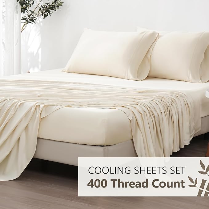 400TC Queen Sheets, Rayon Derived from Bamboo, Cooling Bed Sheets Set,Deep Pocket Up to 16", 4 Pieces Silky Soft, Breathable Bedding Sheets & Pillowcases,Cream