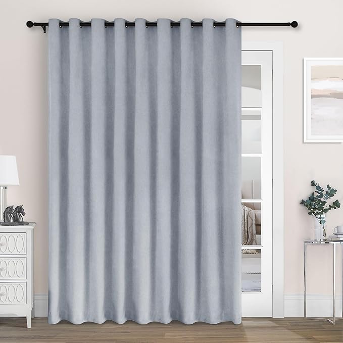 Macochico Extra Wide 100% Blackout Chenille Curtains 100" Wx102 L Thermal Curtains for Sliding Door Room Divider Living Room Bedroom Hotel Gray Blue Blackout Curtains Grommet with Tieback 1 Panel