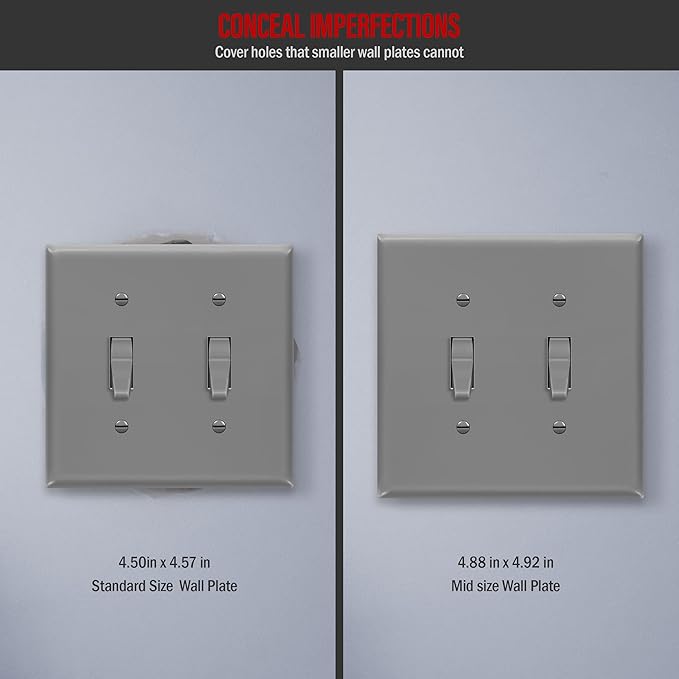 ENERLITES Double Light Switch Wall Plate, Toggle Switch Plate, Gloss Finish, 2-Gang Mid-Size 4.88" x 4.92", Unbreakable Polycarbonate Thermoplastic, UL Listed, 8812M-GY, Gray