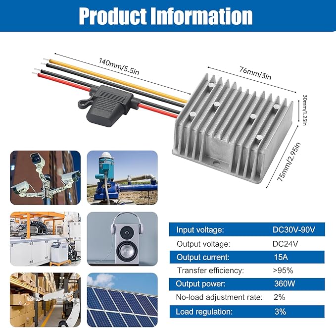 Yancincny 360W 24A 15V DC-DC Buck Converter 36V 48V 60V 72V 84V to 24V 15A Transformer - 30-90V Step Down to 24V Waterproof Power Supply with Fuse for Golf Cart/Truck/RVs/Marine/Solar