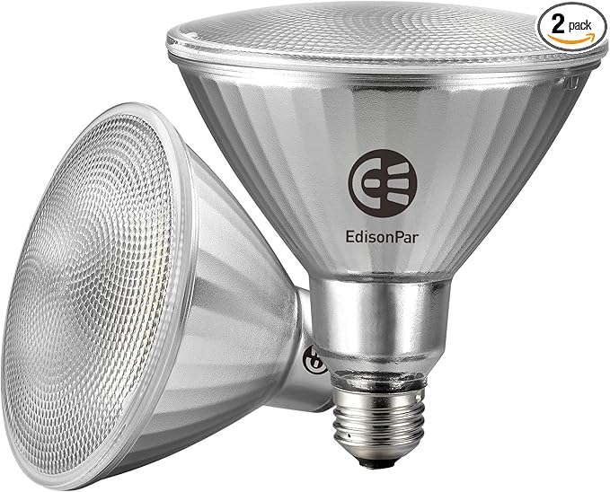 EdisonPar Full-Glass PAR38 LED Flood Light Bulbs Outdoor/Indoor Equivalent 300 Watt, 4000 Lumens Ultra Bright, Dimmable Waterproof 5000K Daylight, 2-Pack