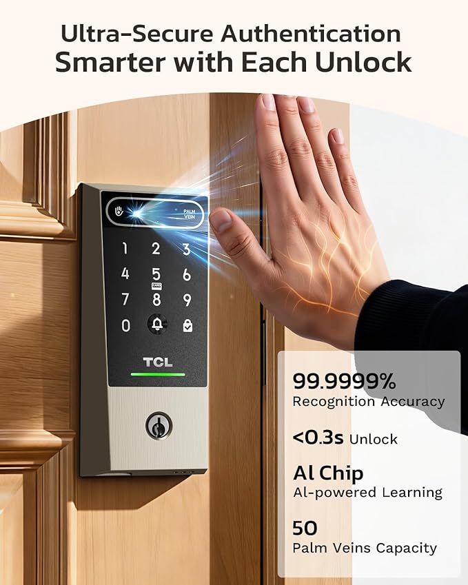 TCL D2 Pro Smart Lock with Palm Vein Recognition, 10000mAh Rechargeable Battery & Wi-Fi, Keyless Entry Door Lock, IP55 Weatherproof, Built-in Doorbell, Auto Lock, Brushed Nickel