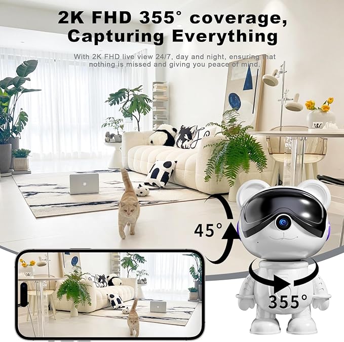 Dzcctvipc-Cute Bear-2K Wireless-Smart Robot-Home Security - Camera,Nanny & Pet Motion Monitor,Baby Cry Detection Alarm,Privacy Mode,5G Dual-Band,PanTilt,Full HD Night Vision,24/7 Recording,2-Way Audio
