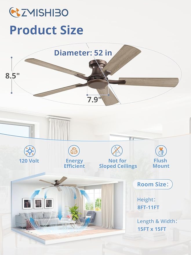 ZMISHIBO 52 Inch Ceiling Fan No Light, Flush Mount Low Profile, Farmhouse Brown Ceiling Fan Without Light, Remote Control & Quiet DC Motor, for Indoor&Outdoor, Bedroom, Living Room