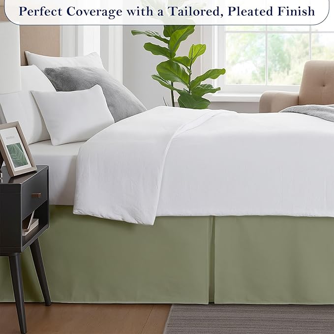 Full Bed Skirt, Luxury 15 Inch Drop Sage Pleated Bed Skirt, Double Brushed Microfiber, Box Pleat Design, Wrinkle & Fade Resistant, Easy Fit Tailored Bedskirt for Full Size Beds