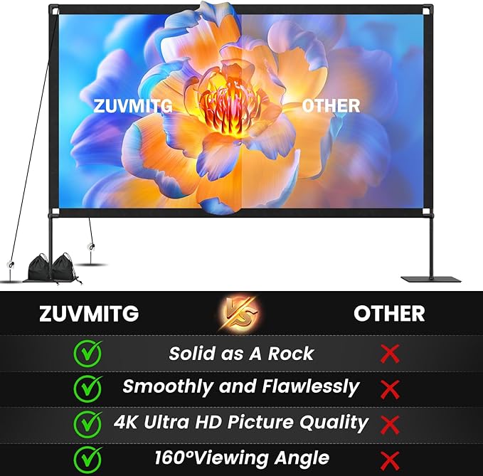 120inch Outdoor Projector Screen with Stand: 16:9 4K HD Portable Projector Screen Outdoor Indoor - Front/Rear Movie Screen with Carry Bag, Sandbag - Projection Screen for Backyard, Camping, Theater