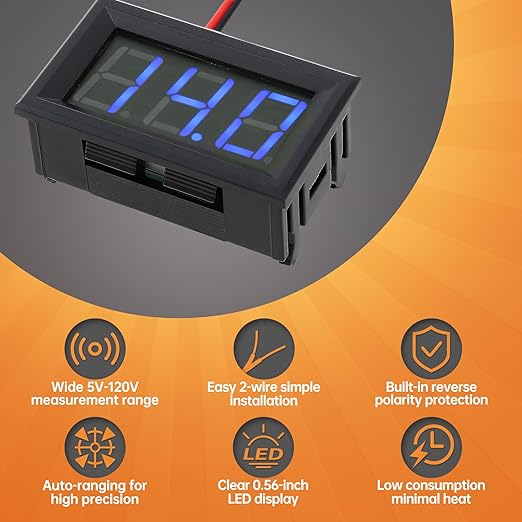 DiGiYes 5 Pack DC 5-120V Digital Mini Voltmeter 2 Wire 0.56 inch LED Display Panel Voltage Meter for Car Motorcycle Battery Monitor (Blue)