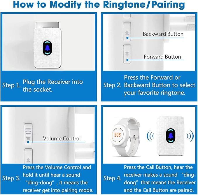 Daytech Wireless Caregiver Pager Call Button for Elderly at Home Life Alert Systems for Seniors Disabled Patient 1 Emergency Watch 1 Receiver