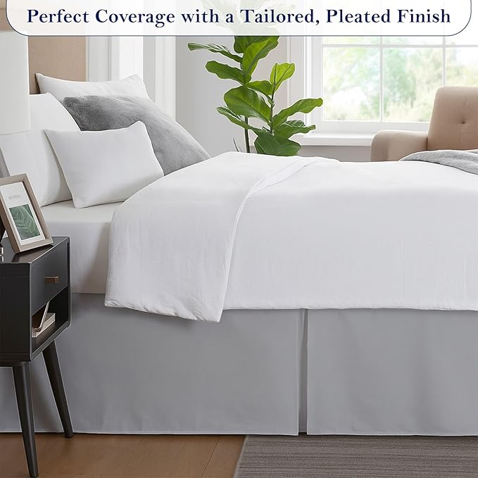 Twin Bed Skirt, Luxury 16 Inch Drop Light Grey Pleated Bed Skirt, Double Brushed Microfiber, Box Pleat Design, Wrinkle & Fade Resistant, Easy Fit Tailored Bedskirt for Twin Size Beds