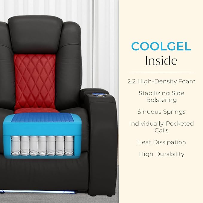 Seatcraft Diamante Zero-Gravity CoolZero Italian Leather Home Theater Seating, Power Headrest, Power Recline, Row of 5, Black/Red