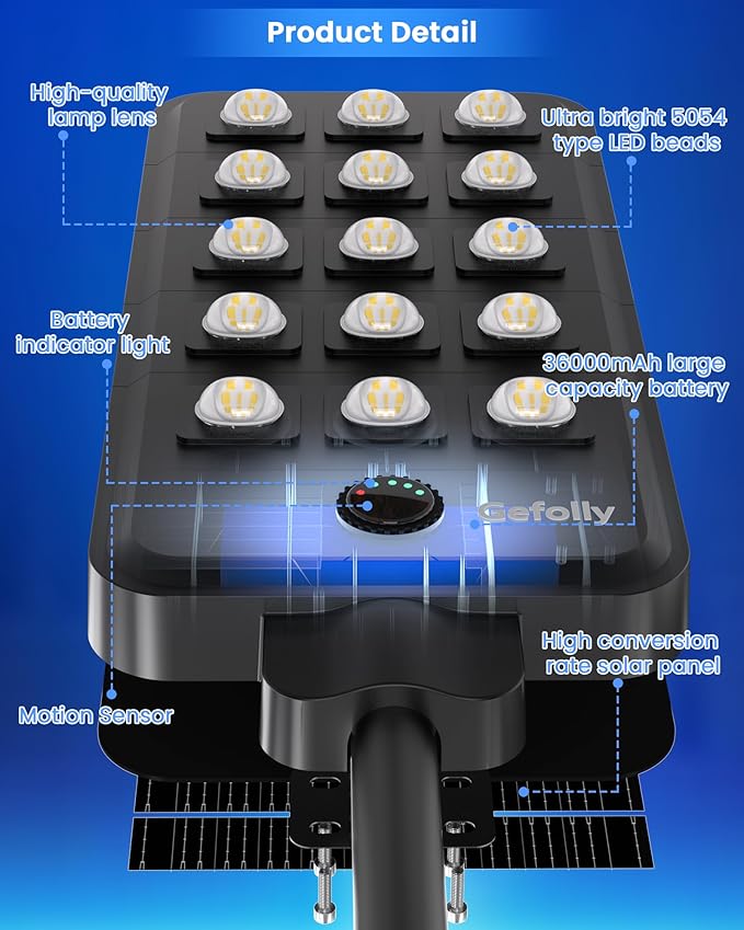 Gefolly G-15000W Solar Street Light Outdoor, Wide Angle Commercial Parking Lot Light Dusk to Dawn 6500K IP67 Flood Security with Motion Sensor Lamp for Yard, Basketball Court