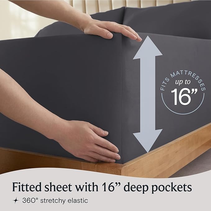 LuxClub 4 PC King Sheet Set, Deep Pockets Wrinkle Free Cooling Bed Sheets Hotel Bedding for Women, Men, Includes 1 Fitted Sheet, 1 Flat Sheet and 2 Pillowcases-Silky Soft Dark Grey