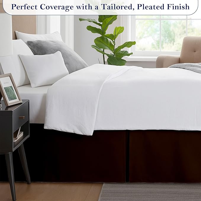 King Bed Skirt, Luxury 14 Inch Drop Chocolate Pleated Bed Skirt, Double Brushed Microfiber, Box Pleat Design, Wrinkle & Fade Resistant, Easy Fit Tailored Bedskirt for King Size Beds