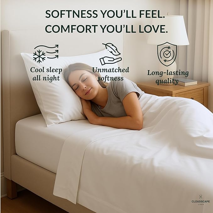 Cloud Scape Linen 100% Egyptian Cotton Sheets Twin XL Size, 3 Pieces Luxury Bedding Set, 400 Thread Count,Hotel Quality, Silky Soft, Breathable and Durable, Deep Pockets up to 15, White
