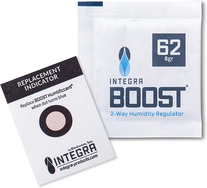 Integra Boost 62% RH Level - 8 Gram Size - Two-Way Humidity Control Pack - Includes Replacement Indicator Cards - Food Storage & Herbs Moisture Balancer for Up to 1oz (Pack of 6)