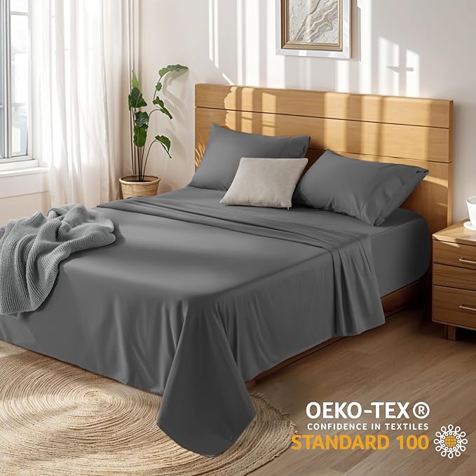 LBRO2M 100% Cotton Sheets Set Deep Pocket 19", 1000 Thread Count Full Size 4 Piece Bed Sheet Sets Soft Comfortable Bedding All Season (Full, Dark Grey)