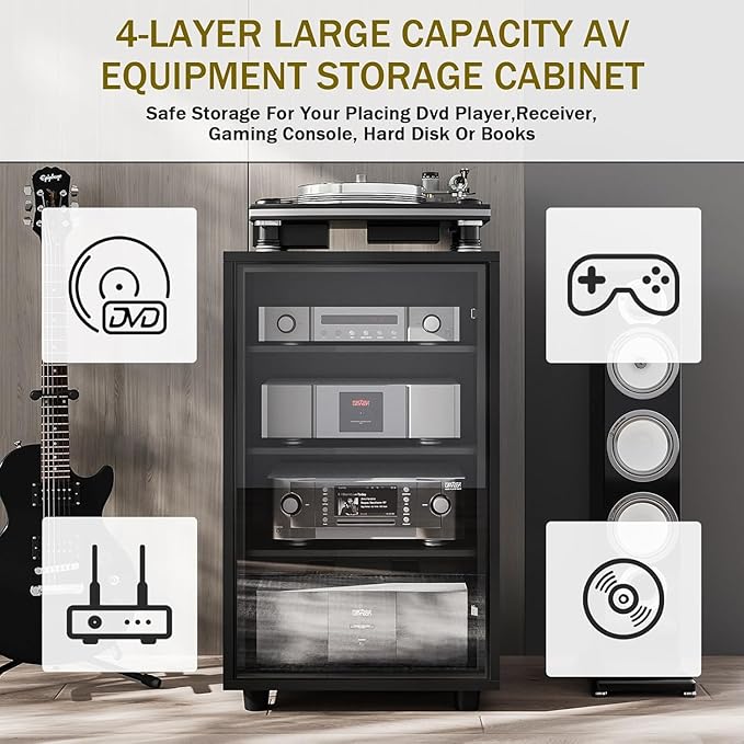 Grufle Media Storage Cabinet with Tempered Glass Door, 3 Adjustable Shelves Stereo Cabinet with Cable Management, AV Rack for Living Room/Gaming Setup/Home Studio Audio Rack (Black)