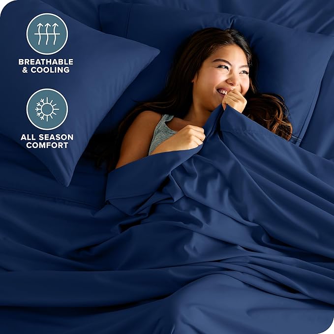 Bare Home Hotel Luxury Twin Sheet Set, Extra Soft - 4 Piece Set - Deep Pockets - Easy Fit - Cooling & Breathable - Wrinkle, Fade, Stain Resistant - Includes 2 Pillowcases (Twin, Dark Blue)