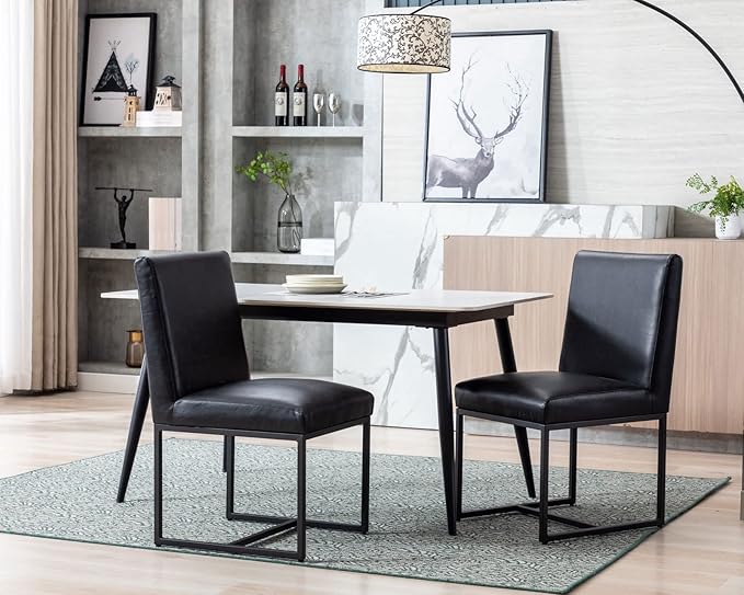 CIMOTA Black Leather Dining Chairs Set of 2, Upholstered Dining Room Chairs Armless Guest Side Chair with Black Base for Dining Room/Kitchen, 2PCS
