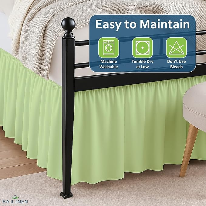 Rajlinen Ruffled Bed Skirt Queen, 15 Inch Drop Dust Ruffle with Split Corners, 100% Microfiber Bedskirt with Platform, Three-Sided Coverage Ruffled Gathering Design, Sage