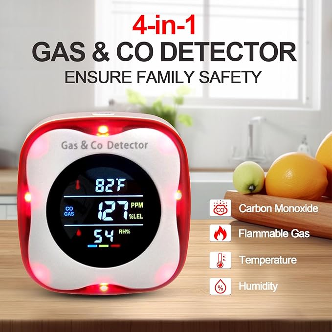 Combustible Gas & Carbon Monoxide Detector 4-in-1 Alarm with Temp/Humidity Sensor – Plug-in CO/Gas Leak Detector for Home, RV, Apartment Safety (Explosive Gas & CO Detection) (CO&Gas, 1-Pack)