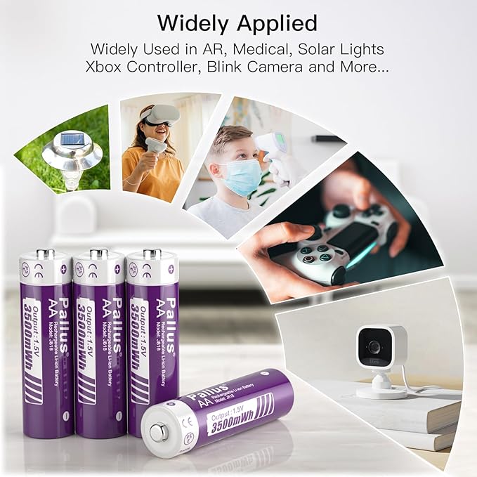 Pallus Rechargeable Lithium AA Batteries, 4 Pack 3rd Lithium Rechargeable AA Batteries, 3500mWh Double A Batteries, 1.5V Constant Voltage Output, 1600 Cycles, Long Lasting for Blink Camera, J818