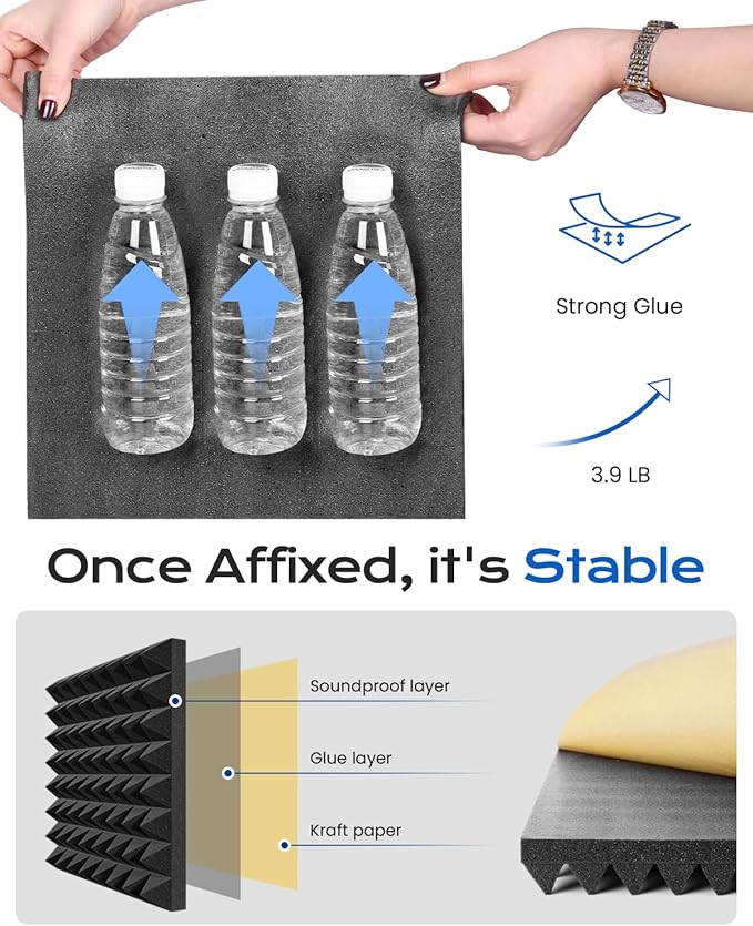 Sonicism Sound Proof Foam Panels for walls Self-Adhesive 30 Pack Pyramid 12" X 12" X 2" Acoustic Panels 35kg/m³High Density,Soundproof Wall Panels Fast Expand,Sound Absorption and Decoration,Black